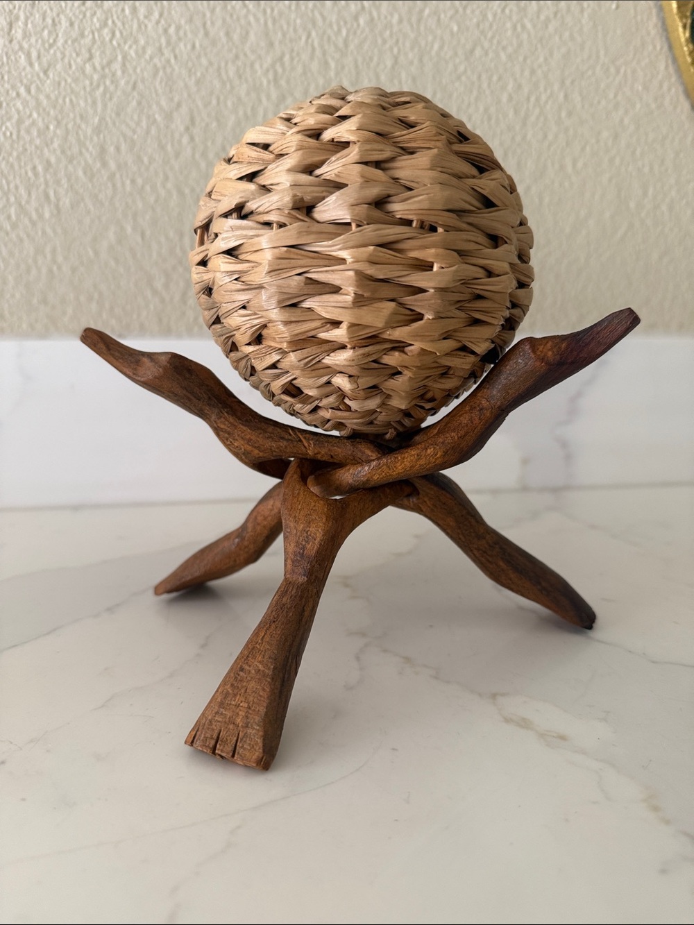 Natural Woven Ball Accent on Wooden Stand